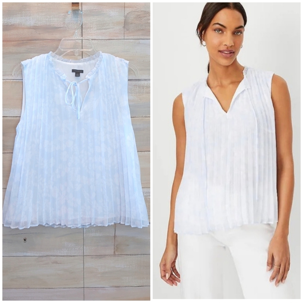 Ann Taylor women light blue pleated floral tie ruffled neck babydoll small top